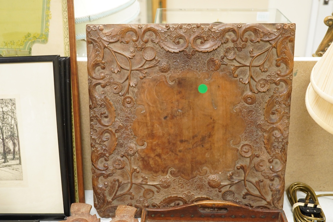 An Indian carved hardwood flat packed table and a similar inlaid tray, 46cm wide